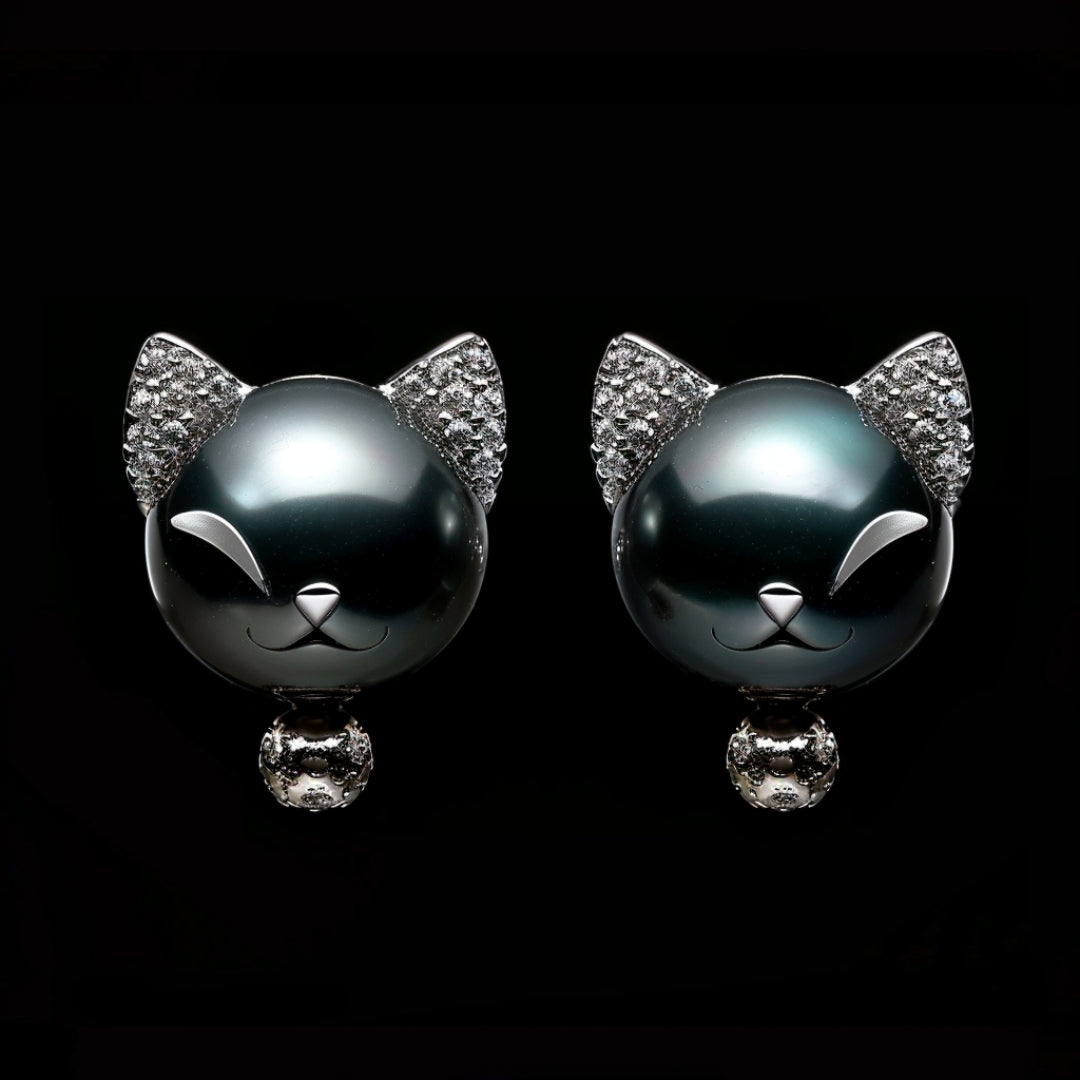 Boucles d'oreilles Chat Perle Noire