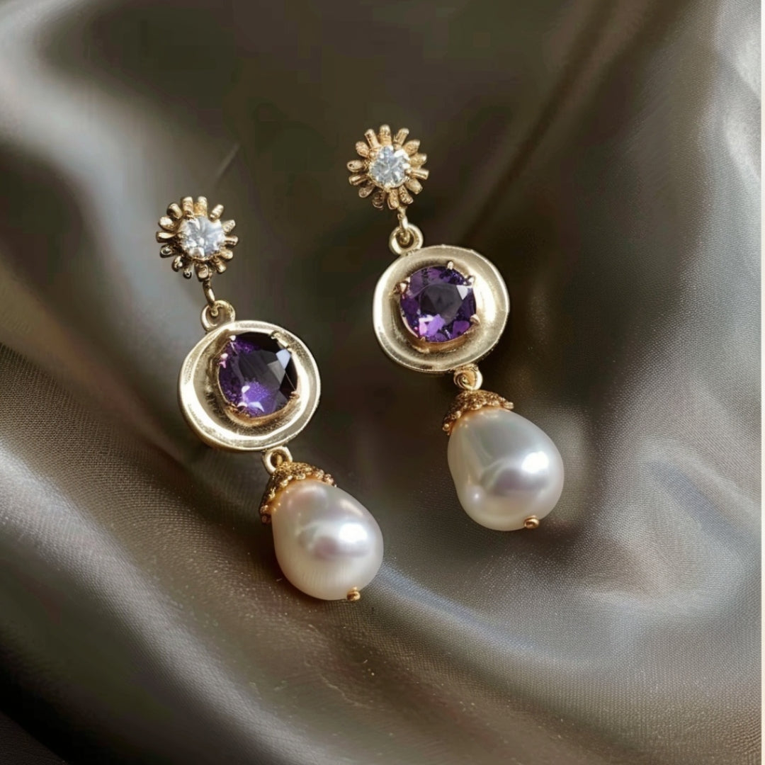 Boucles d'oreilles perles en zirconium violet doré arrondi