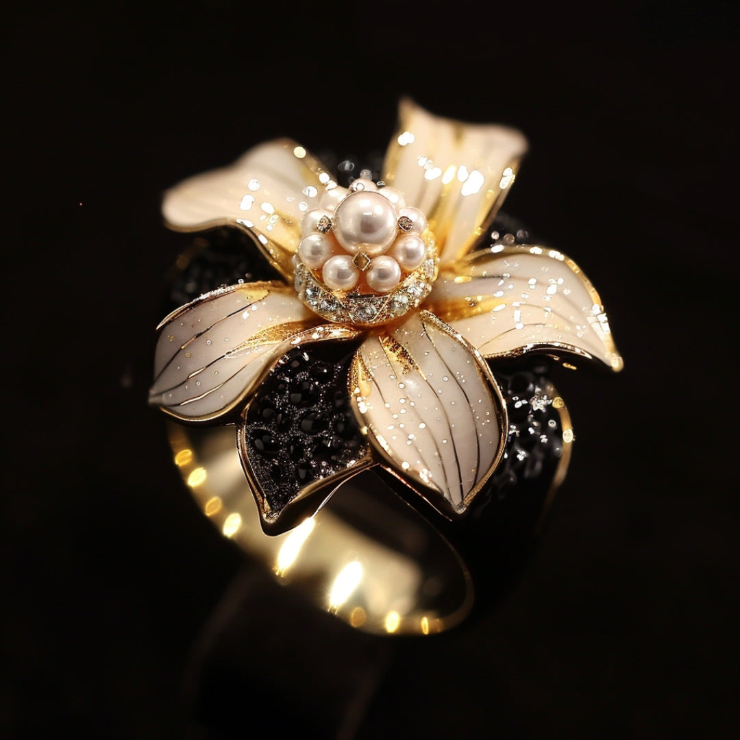 Bague à perles d'or en forme de fleur ouverte