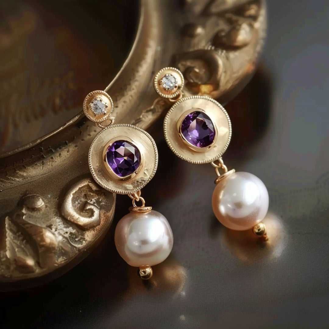 Boucles d'oreilles perle violette dorée