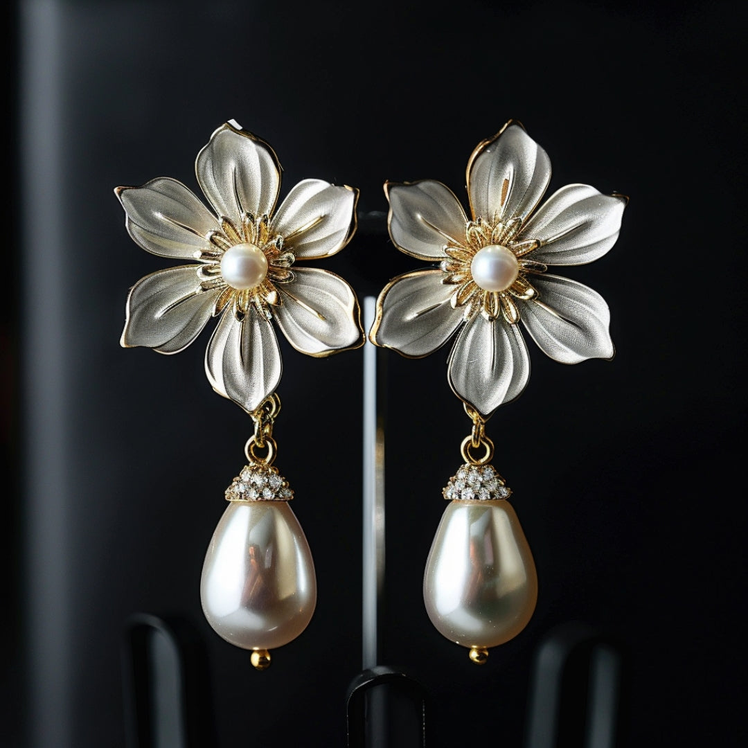 Boucles d'oreilles pendantes en perles et fleurs