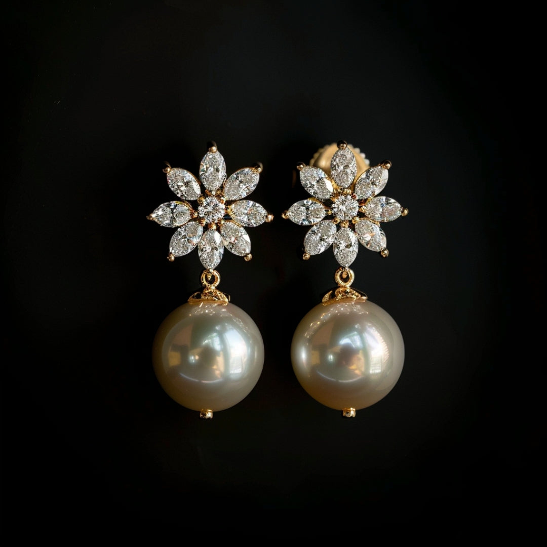 Boucles d'oreilles fleurs brillantes et perles