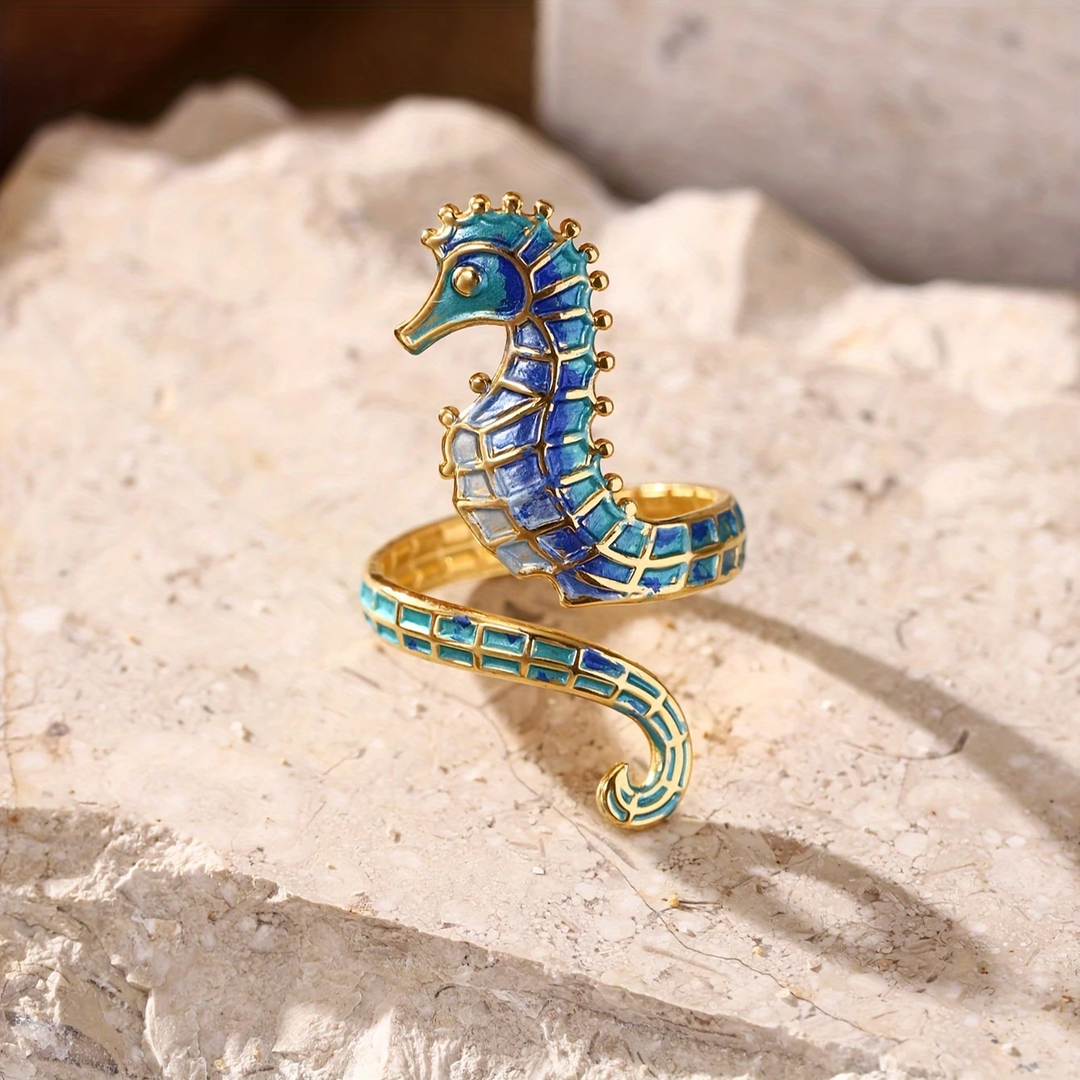 Bague réglable en or avec hippocampe bleu