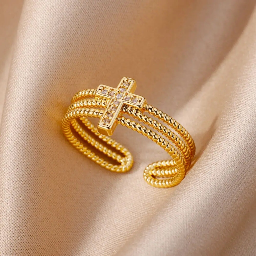 Bague croix à perles dorées en couches réglables