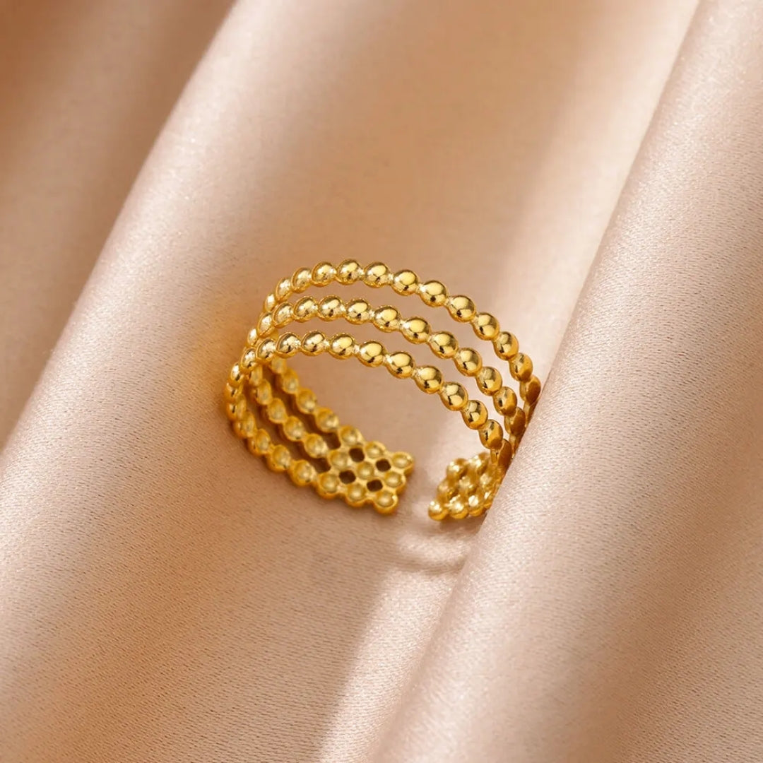 Bague à perles dorées en couches ajustables