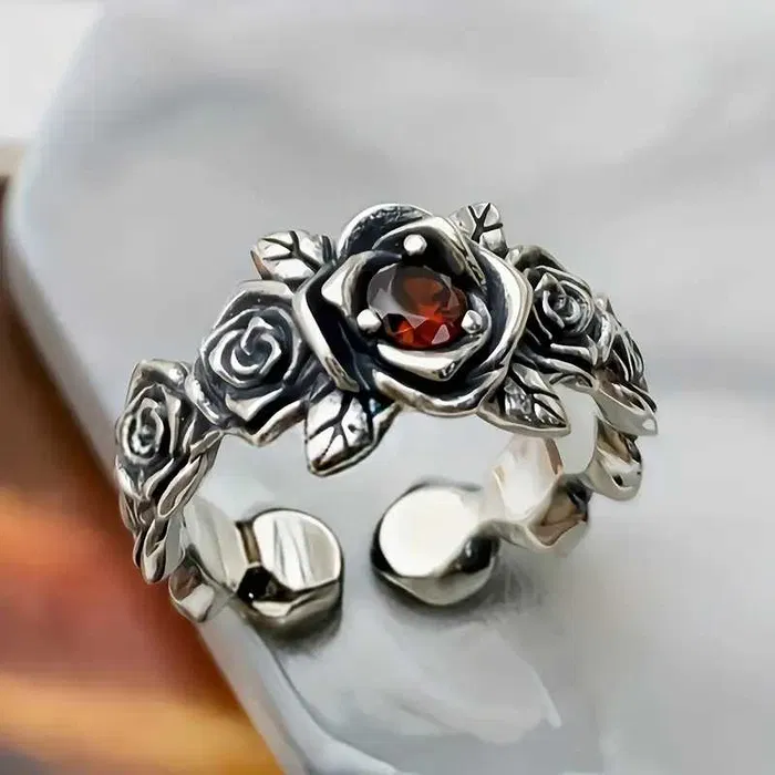 Bague Ajustable en Cristal Orange et Argent en Forme de Fleur