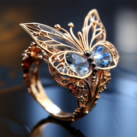 Anneau en cristal bleu et orné d'un papillon