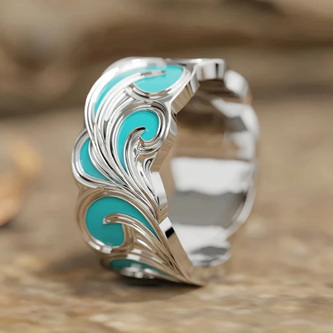 Bague en argent sterling avec vague en émail bleu