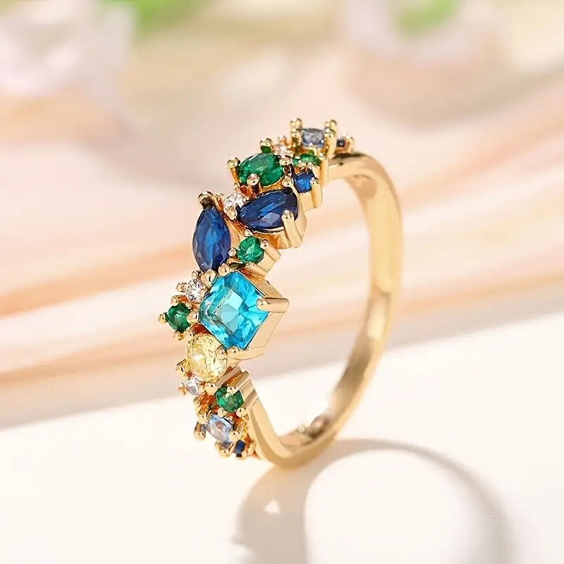 Bague en or florale bleu et verte