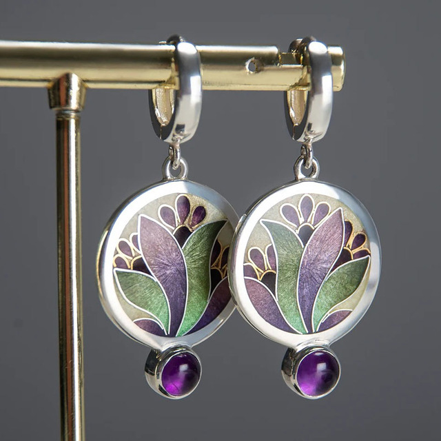 Boucles d'oreilles bohèmes en argent sterling avec cristaux violets
