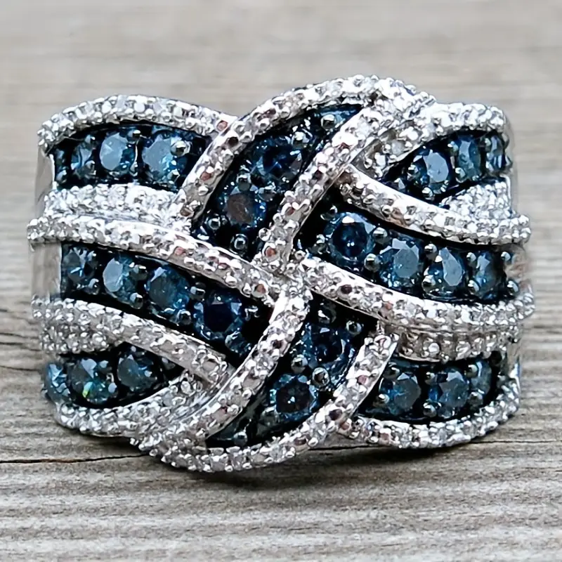 Bague brillante tressée bleue argentée