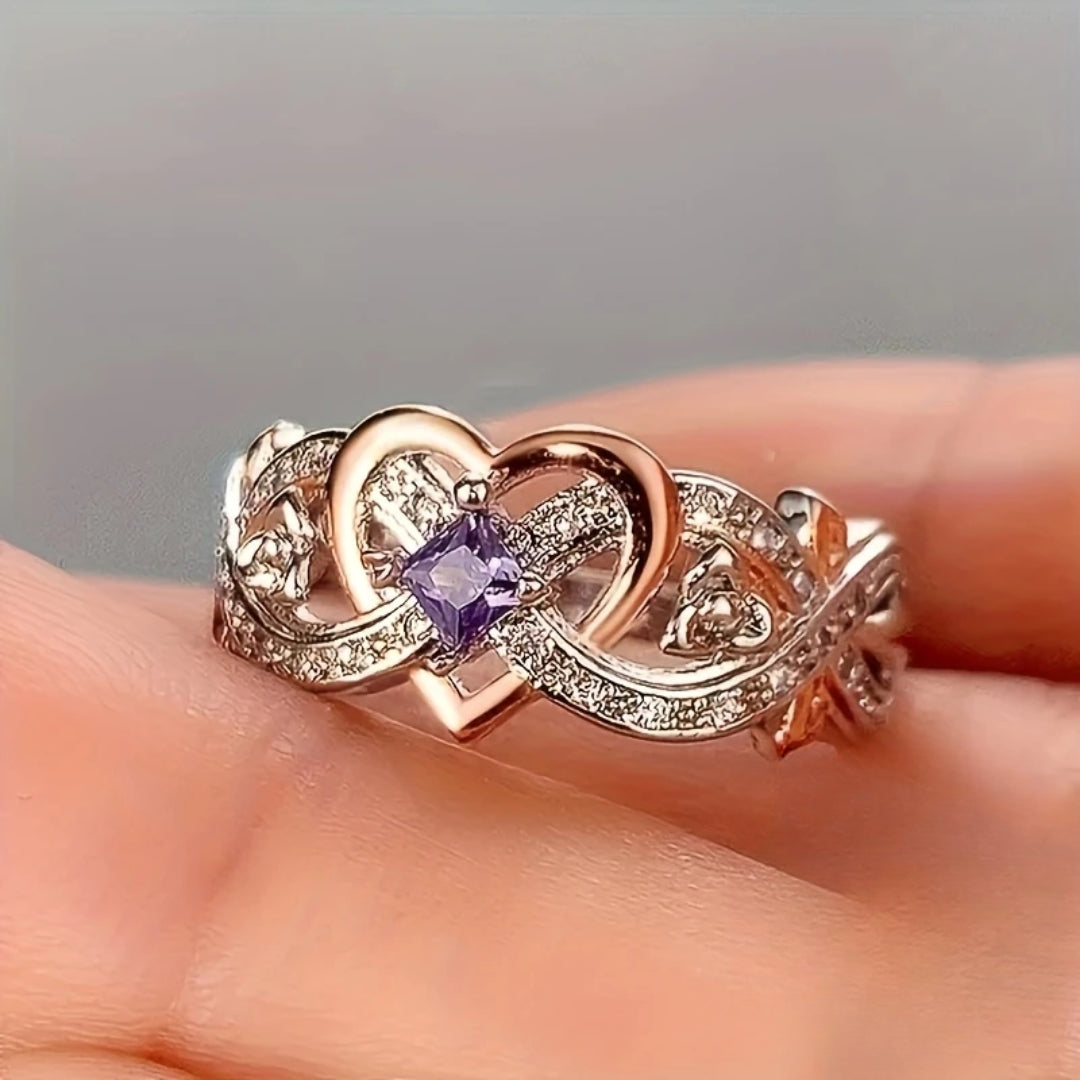 Bague en cœur jaune violet brillant en or et argent