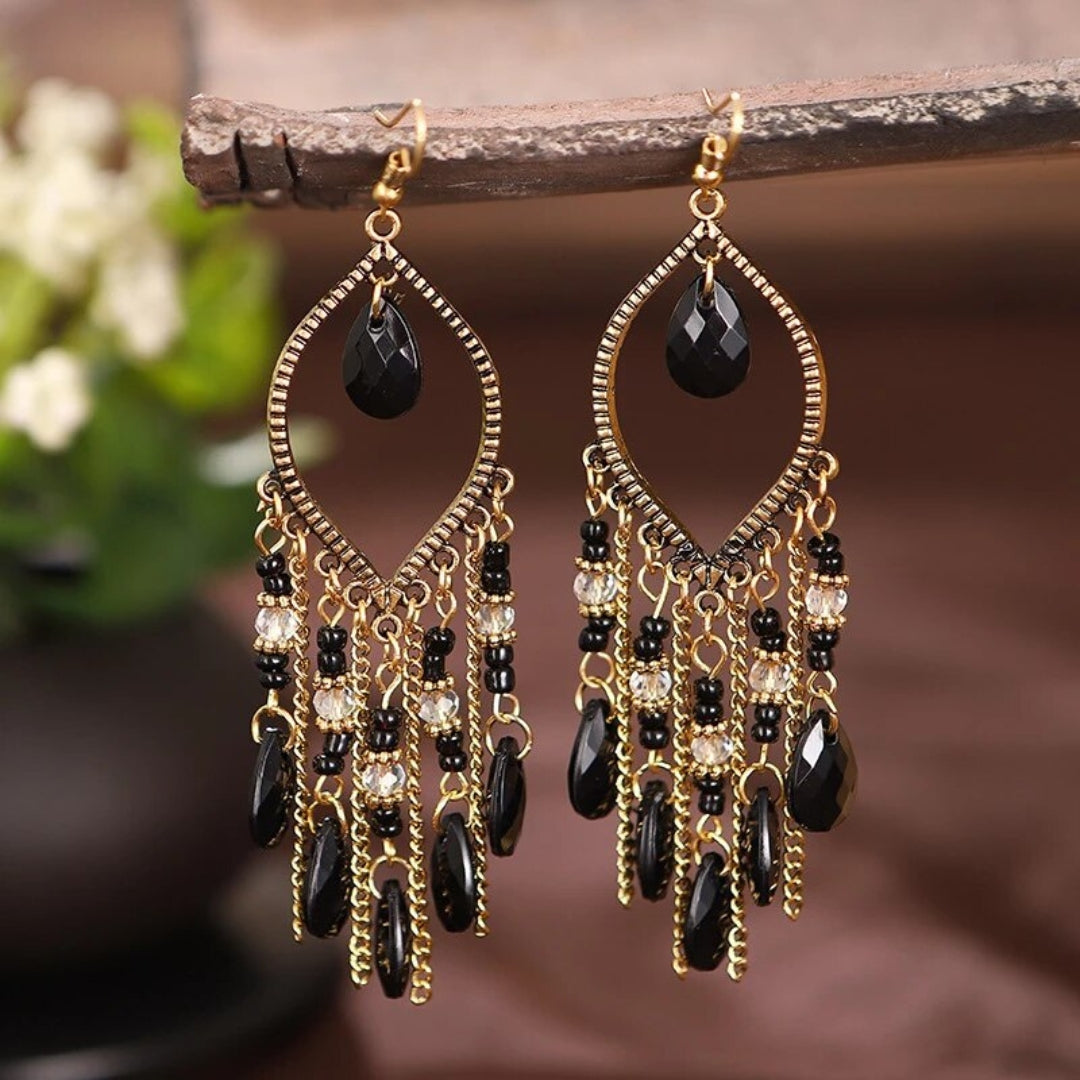 Boucles d'oreilles pendantes bohèmes en zircon noir avec motif mandala