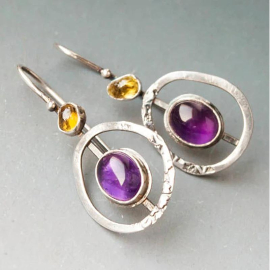 Boucles d'oreilles circulaires bohèmes avec améthyste en argent