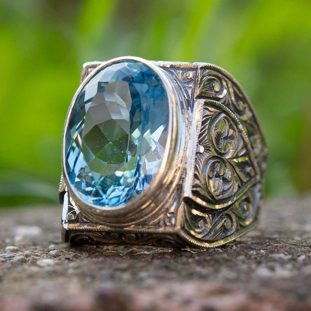 Bague en verre à cachet bleu vintage