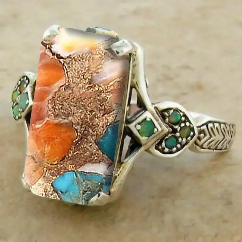 Bague rectangulaire en argent sterling avec pierres colorées