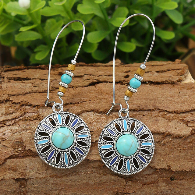 Boucles d'oreilles pendentif soleil en opale bohème en argent