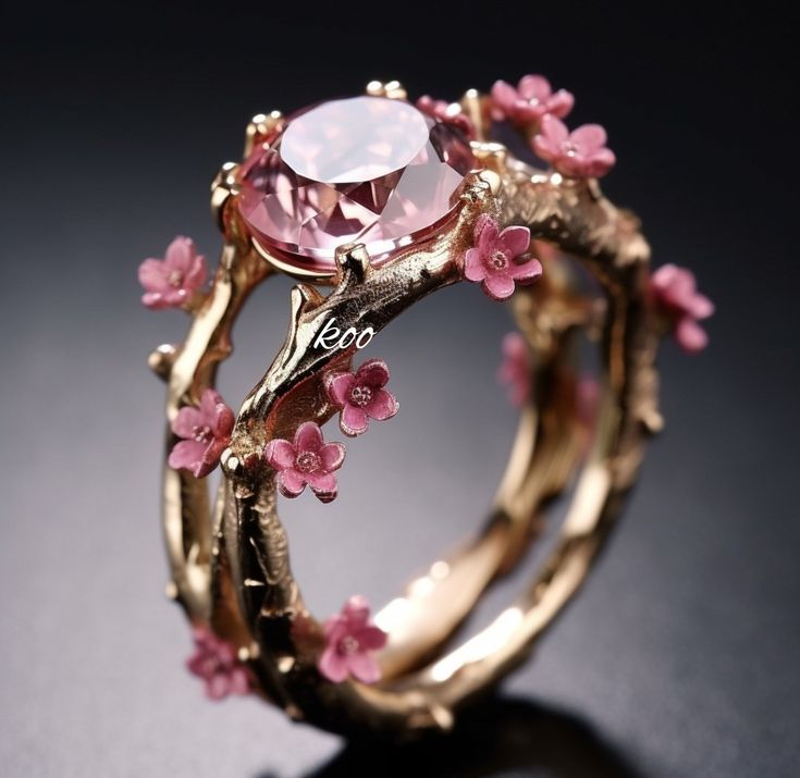 Bague en cristal doré exotique avec fleur rose