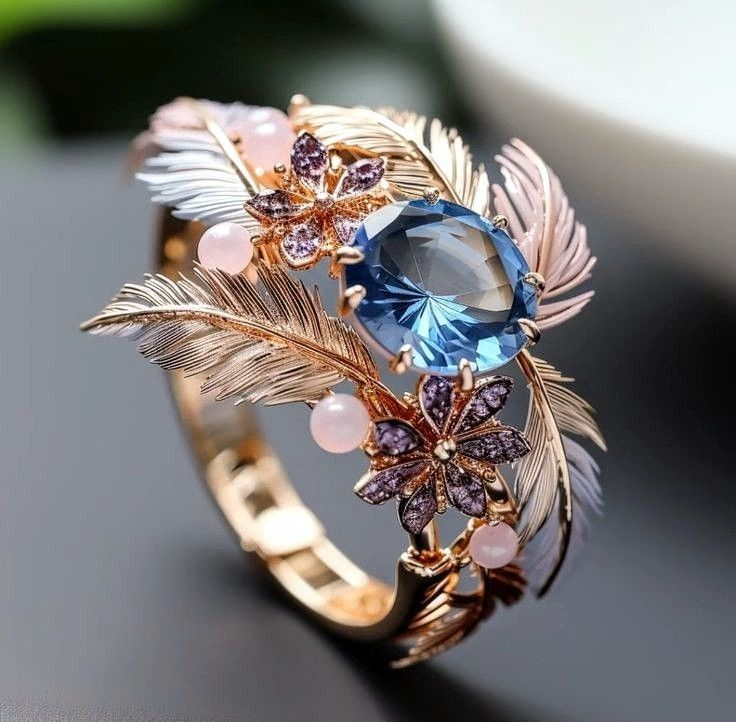 Bague en Cristal Bleu et Plume de Rose Exotic
