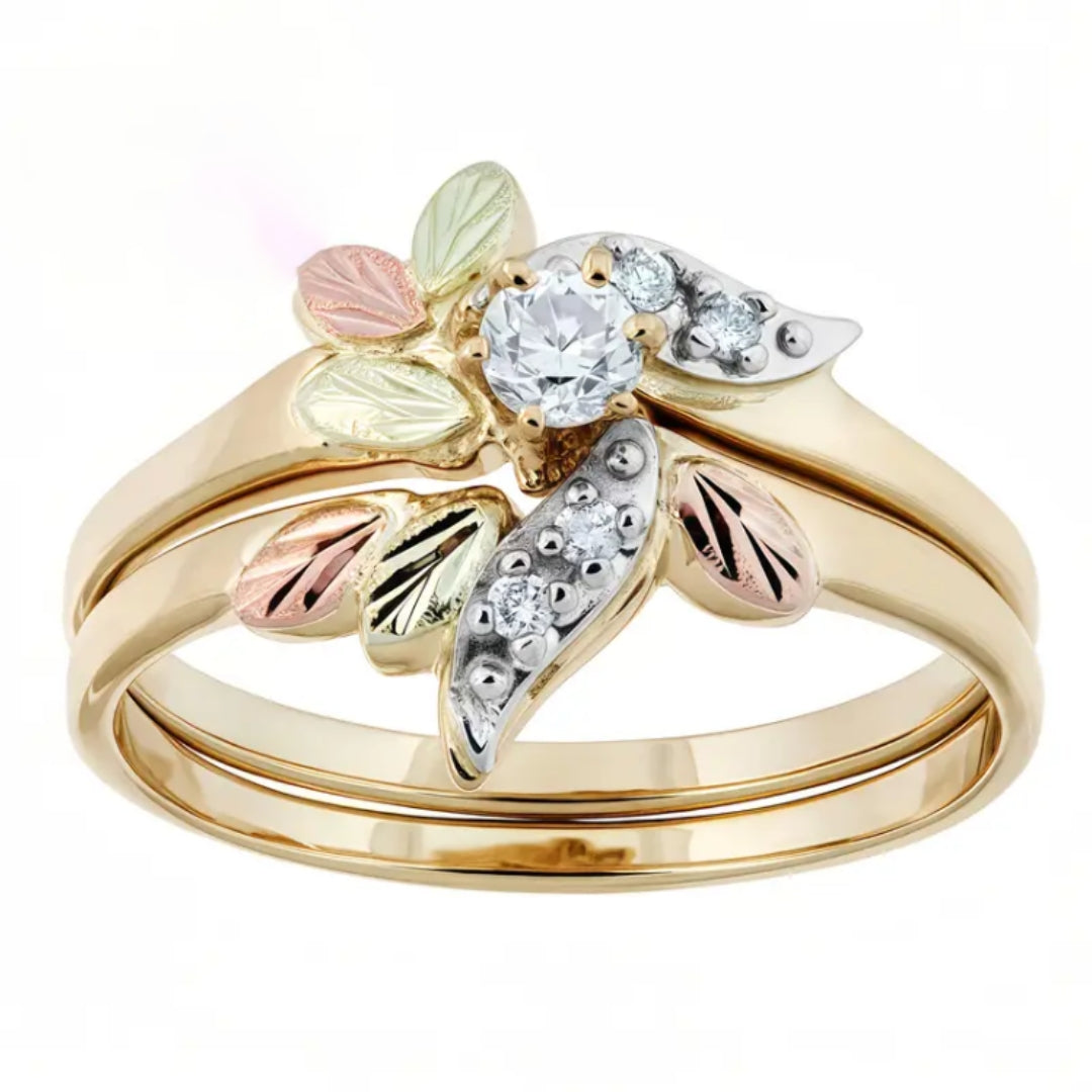 Bague en zirconium émaillé doré avec motif de feuille