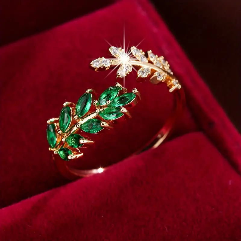 Bague ouverte en zircon vert en forme de feuille