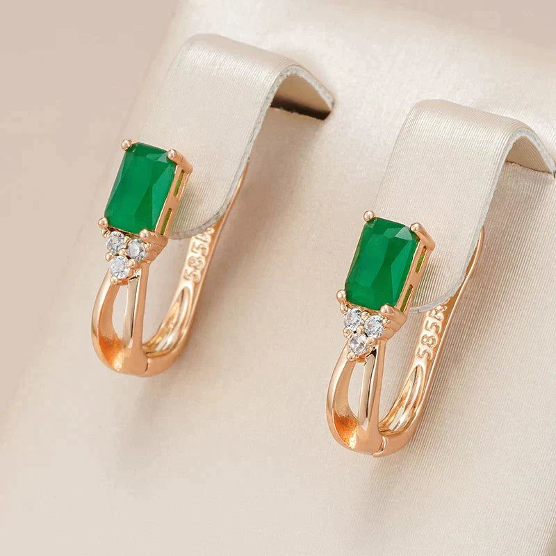 Boucles d'oreilles élégantes en cristal vert avec zirconium en or