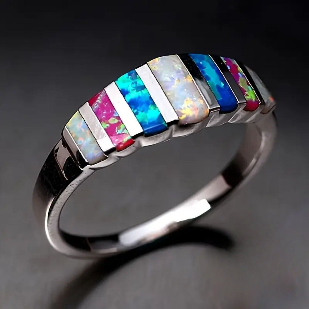 Bague en argent avec pierres d'opale colorées