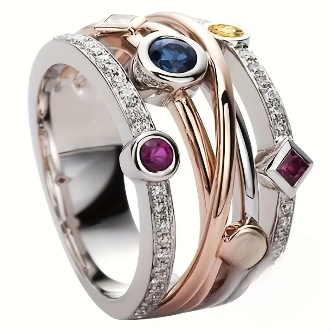 Bague en argent avec des pierres cristallines colorées