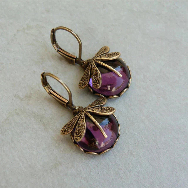 Boucles d'oreilles sphériques libellule en or antique