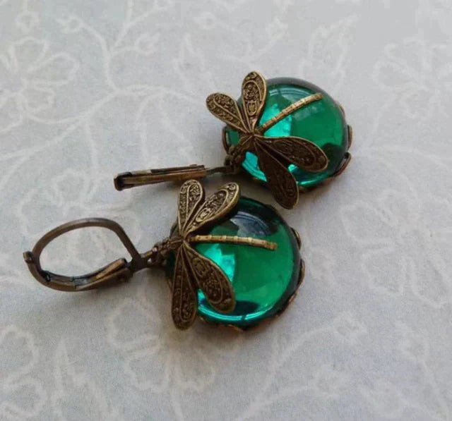 Boucles d'oreilles sphériques libellule en or antique