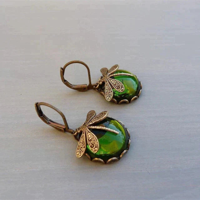 Boucles d'oreilles sphériques libellule en or antique