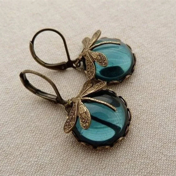 Boucles d'oreilles sphériques libellule en or antique