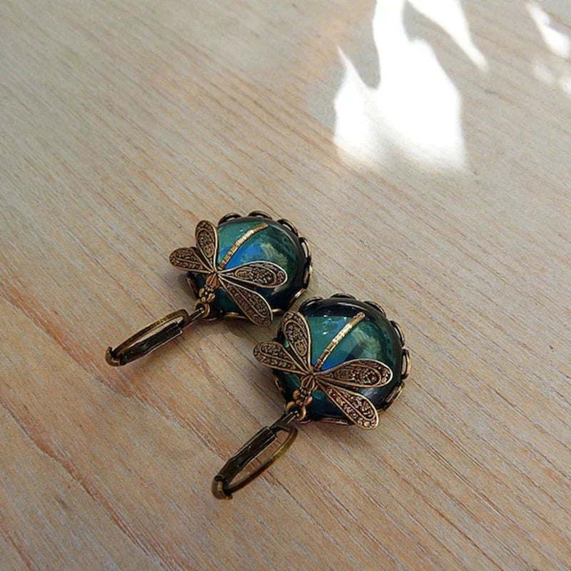 Boucles d'oreilles sphériques libellule en or antique