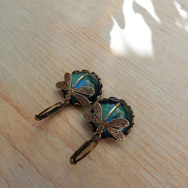 Boucles d'oreilles sphériques libellule en or antique