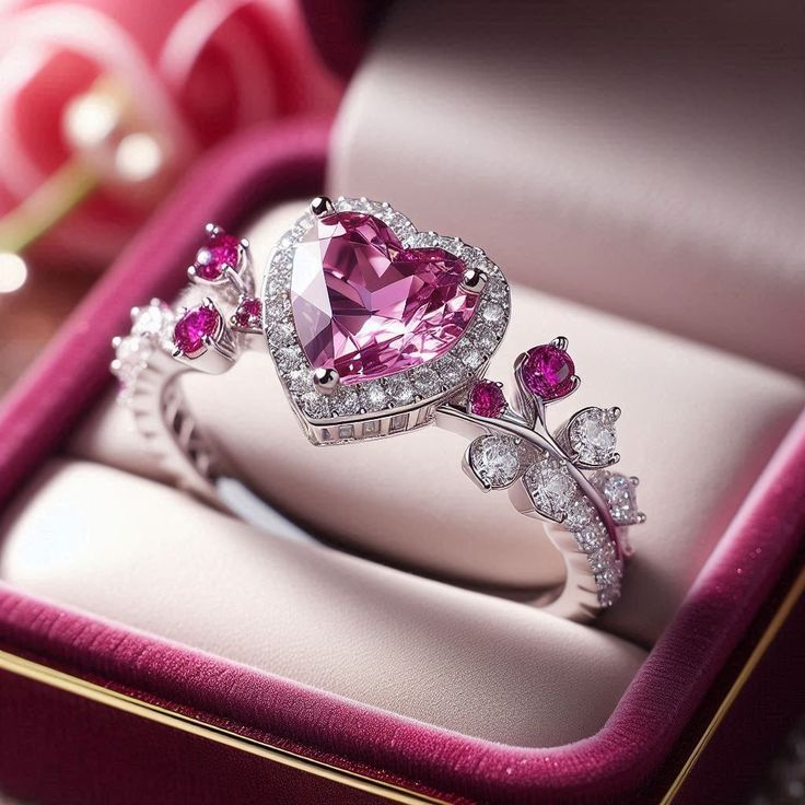 Bague en argent en forme de cœur rose