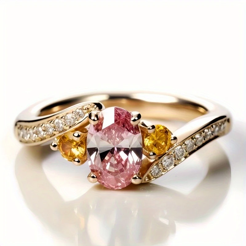 Bague en verre ovale rose avec or