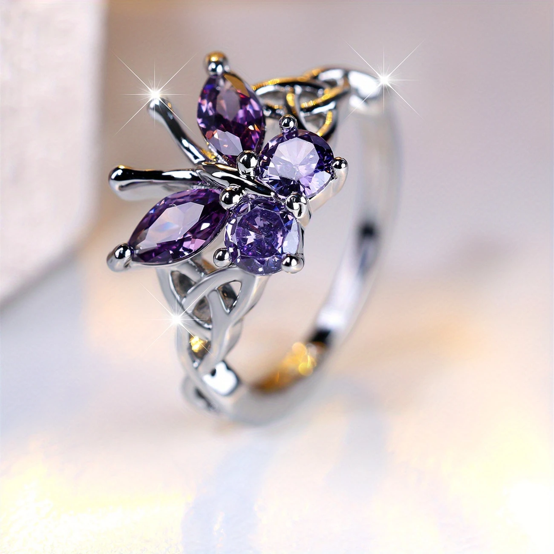 Bague Papillon Violet en Argent Massif - Bague en Argent Unique