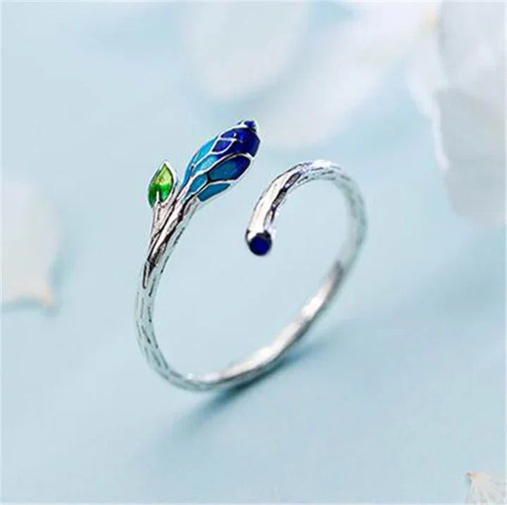 Bague à feuilles ajustable avec émail bleu en argent