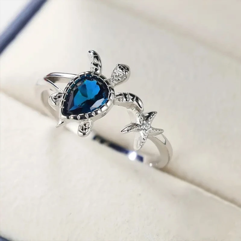 Bague en cristal bleu Tortue en argent
