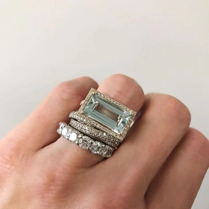 Ensemble de bagues en verre turquoise argenté vintage - Anneaux empilables faits main