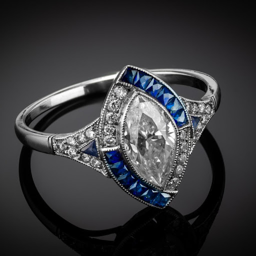 Bague argentée en verre blanc et bleu