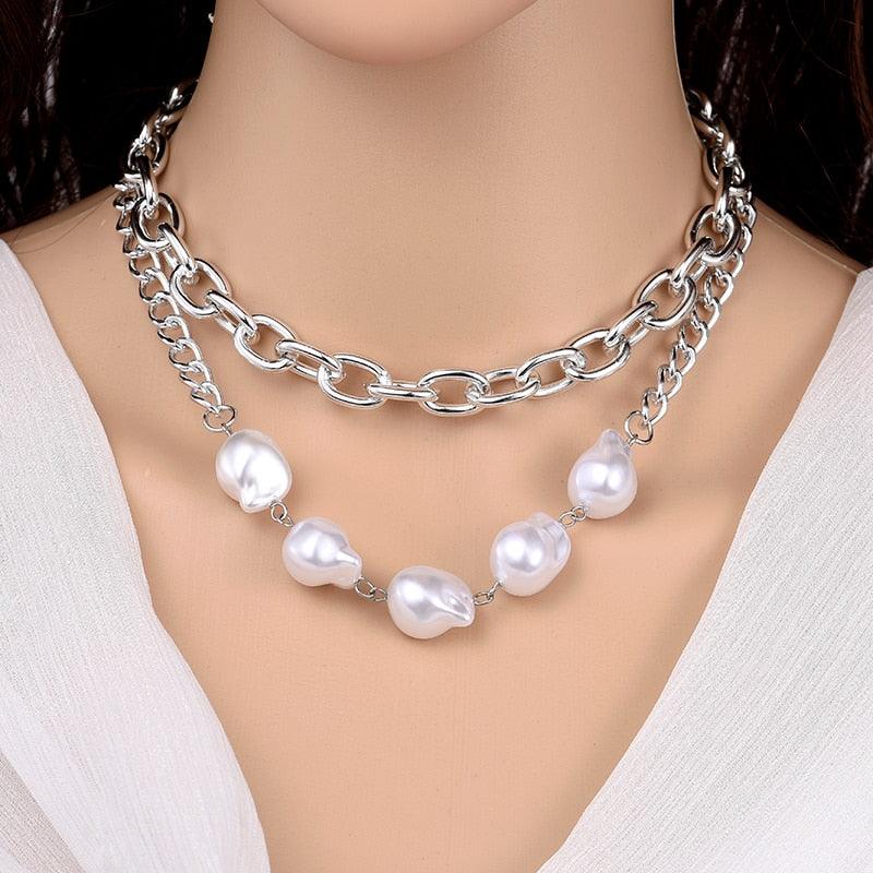 Collier Vintage en Chaînes en Argent et Perles