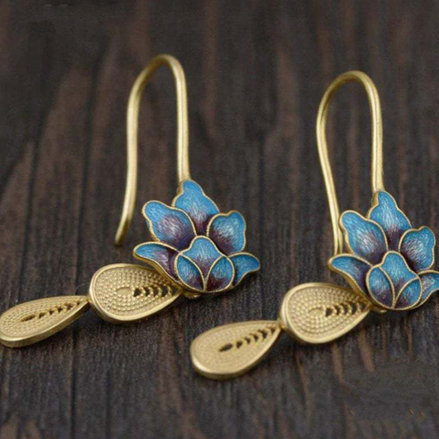Boucles d'oreilles bohème Lotus Bleu en or