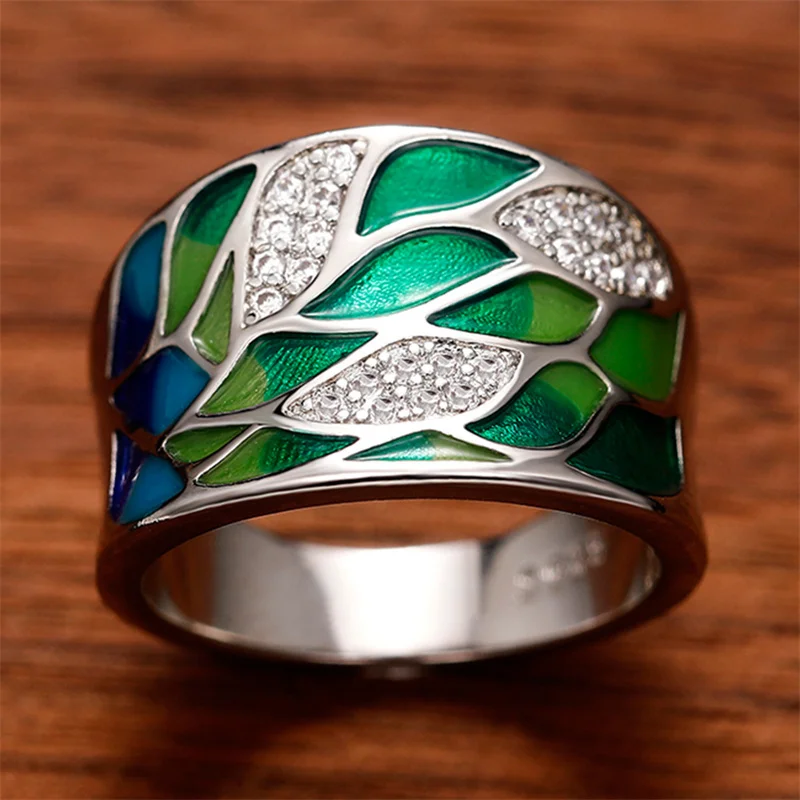 Bague en émail vert vintage avec zirconia