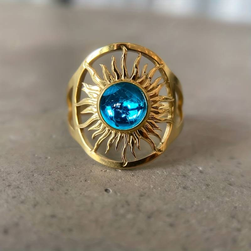 Bague solaire en cristal doré vintage et bleu