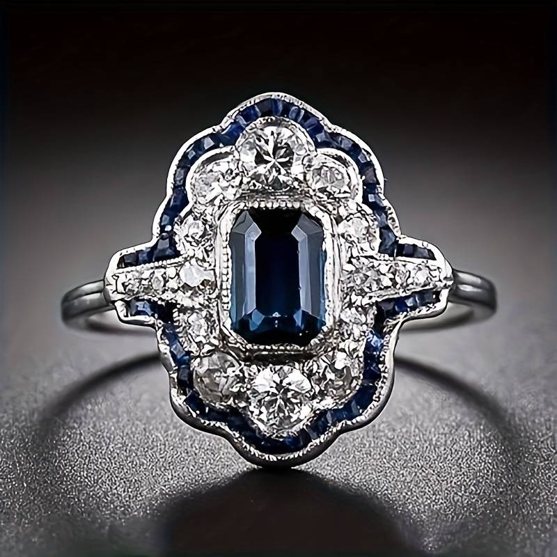 Bague en cristal bleue vintage en argent