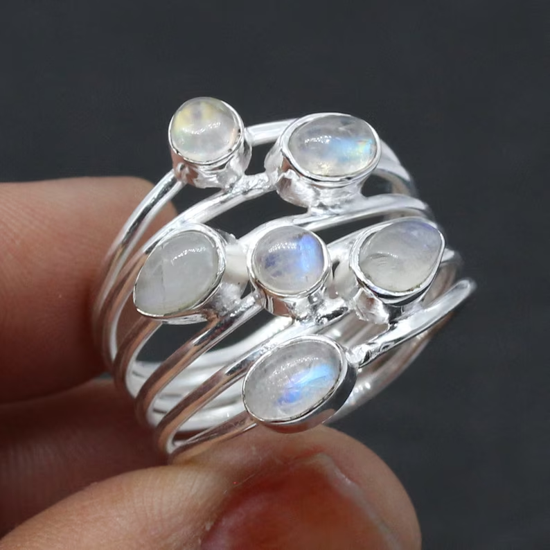 Bague en argent avec pierre de lune vintage multilayère