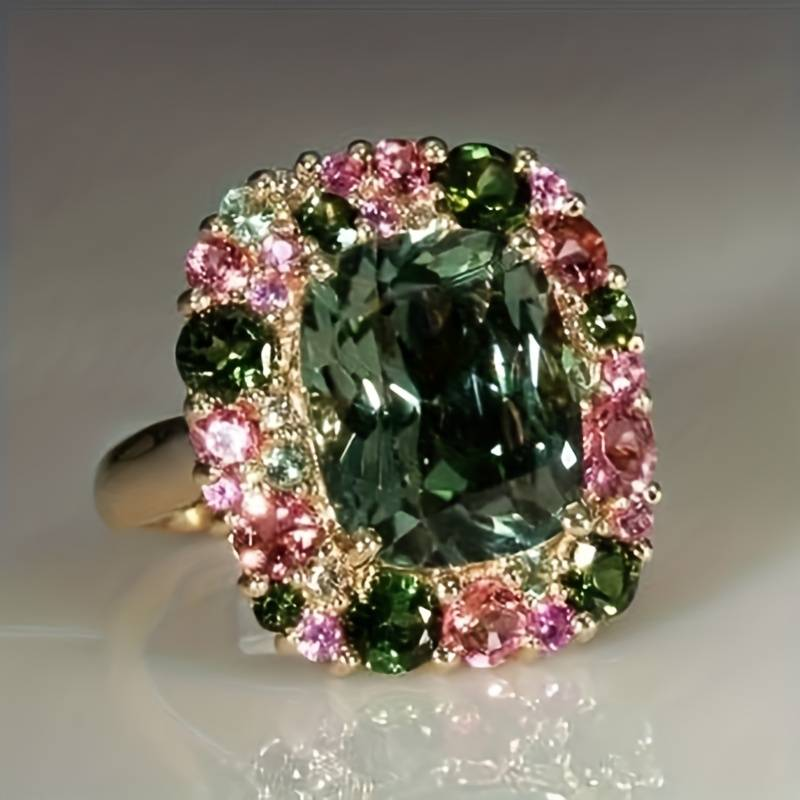 Bague en cristal vintage vert et rose