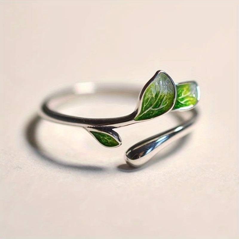 Bague en émail vert vintage avec feuille