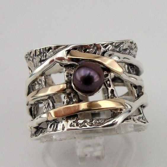 Bague en argent à pierre sombre vintage à plusieurs couches